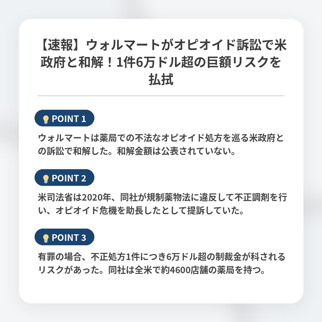 【速報】ウォルマートがオピオイド訴訟で米政府と和解！1件6万ドル超の巨額リスクを払拭の注目ポイントまとめ