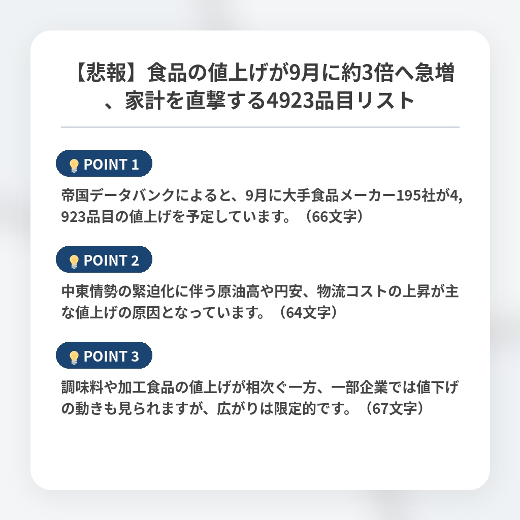 【悲報】食品の値上げが9月に約3倍へ急増、家計を直撃する4923品目リストの注目ポイントまとめ