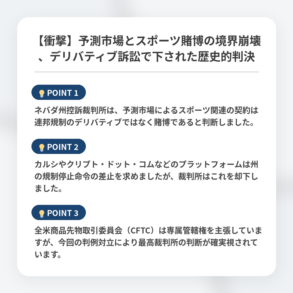 【衝撃】予測市場とスポーツ賭博の境界崩壊、デリバティブ訴訟で下された歴史的判決の注目ポイントまとめ