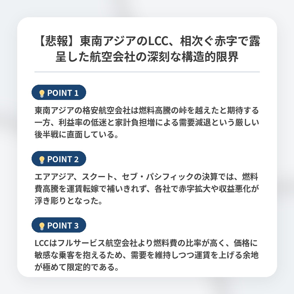 【悲報】東南アジアのLCC、相次ぐ赤字で露呈した航空会社の深刻な構造的限界の注目ポイントまとめ