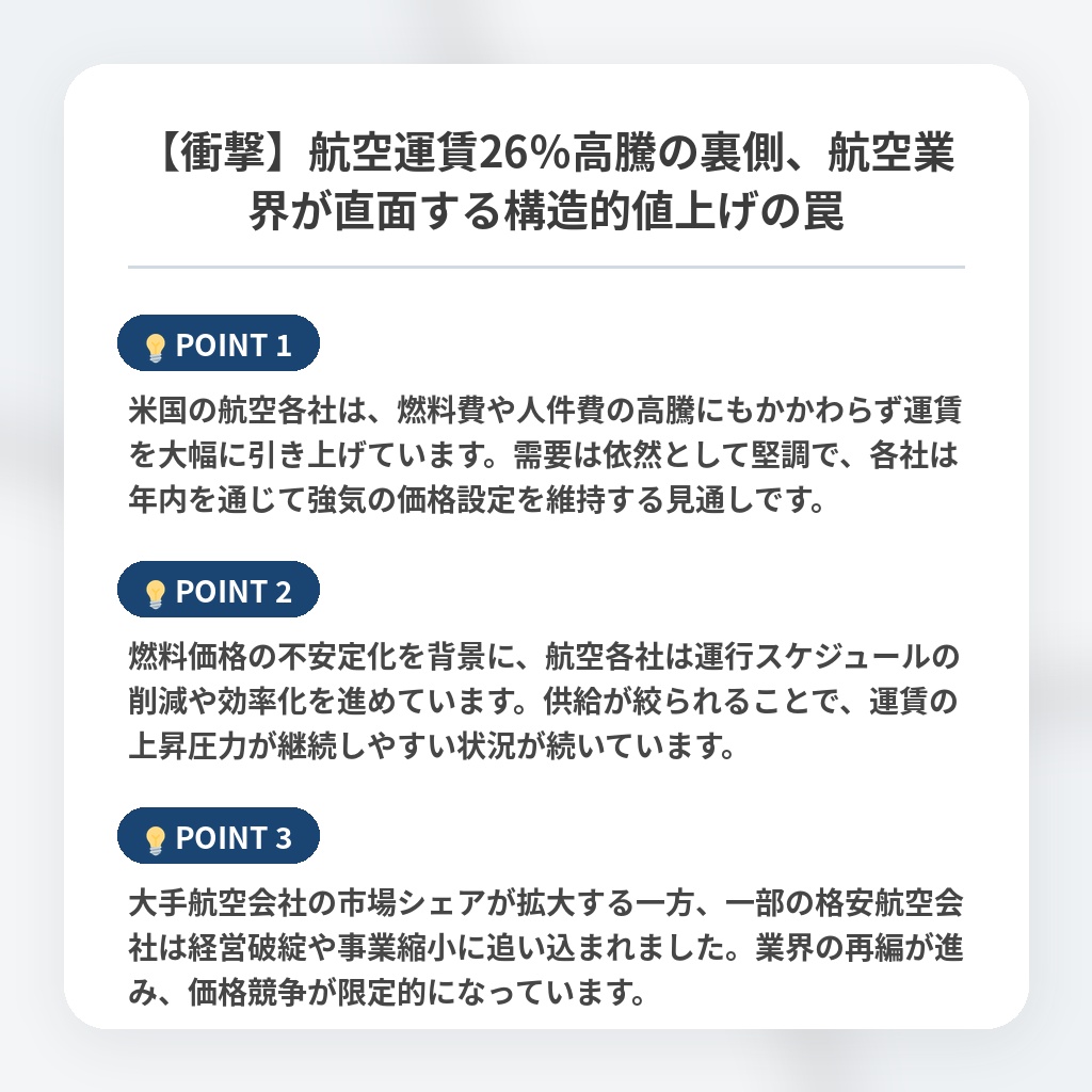 【衝撃】航空運賃26%高騰の裏側、航空業界が直面する構造的値上げの罠の注目ポイントまとめ