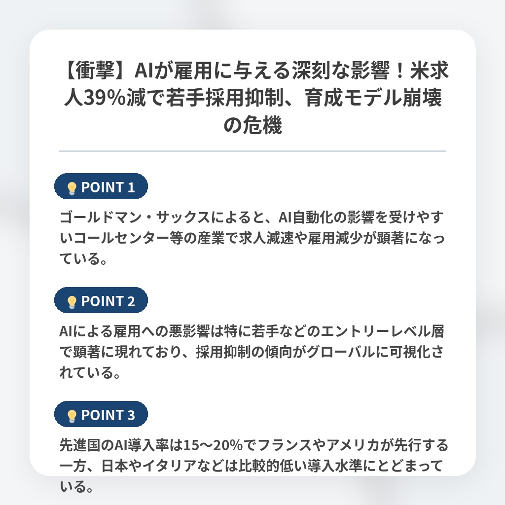 【衝撃】AIが雇用に与える深刻な影響！米求人39％減で若手採用抑制、育成モデル崩壊の危機の注目ポイントまとめ