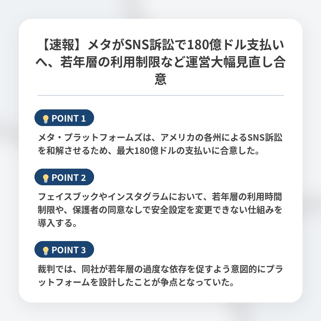 【速報】メタがSNS訴訟で180億ドル支払いへ、若年層の利用制限など運営大幅見直し合意の注目ポイントまとめ