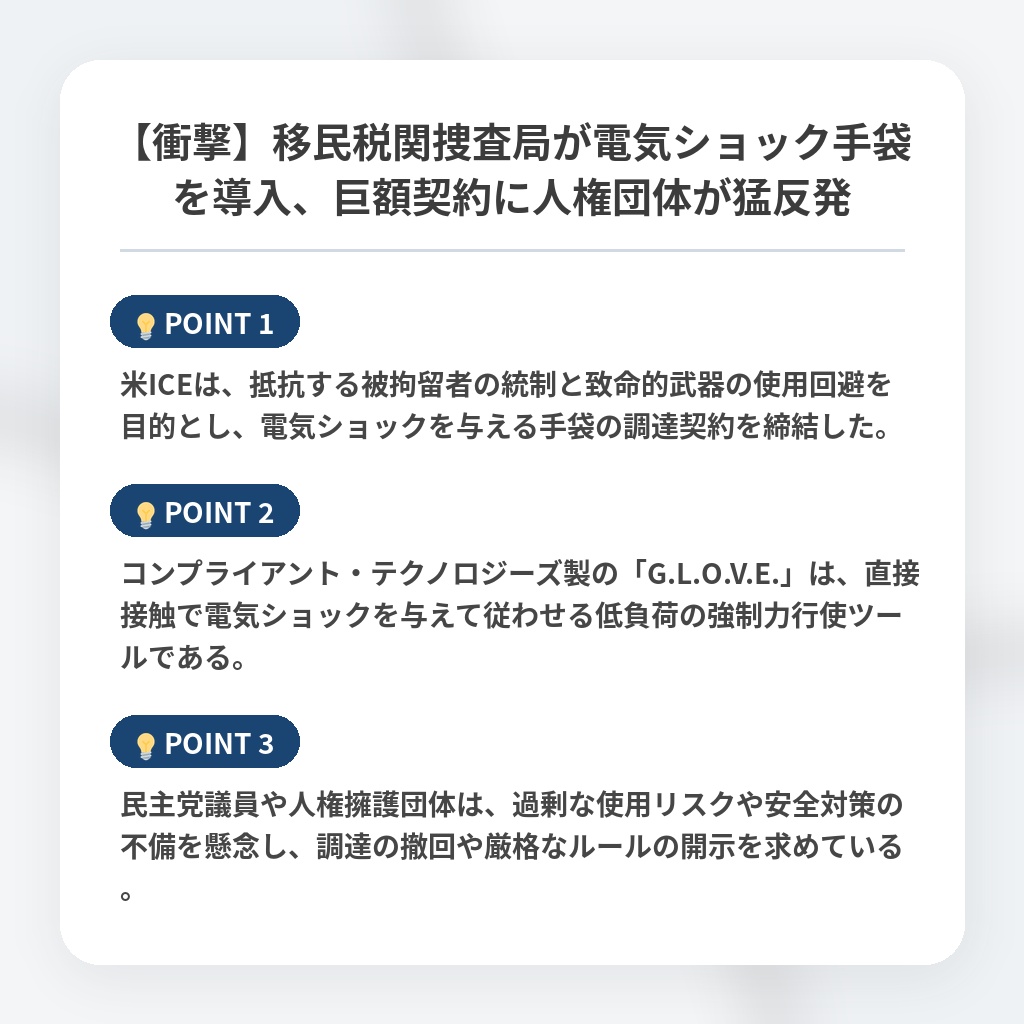 【衝撃】移民税関捜査局が電気ショック手袋を導入、巨額契約に人権団体が猛反発の注目ポイントまとめ