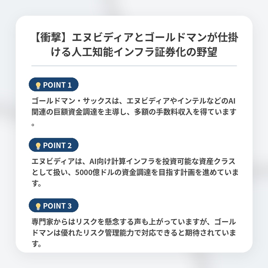 【衝撃】エヌビディアとゴールドマンが仕掛ける人工知能インフラ証券化の野望の注目ポイントまとめ