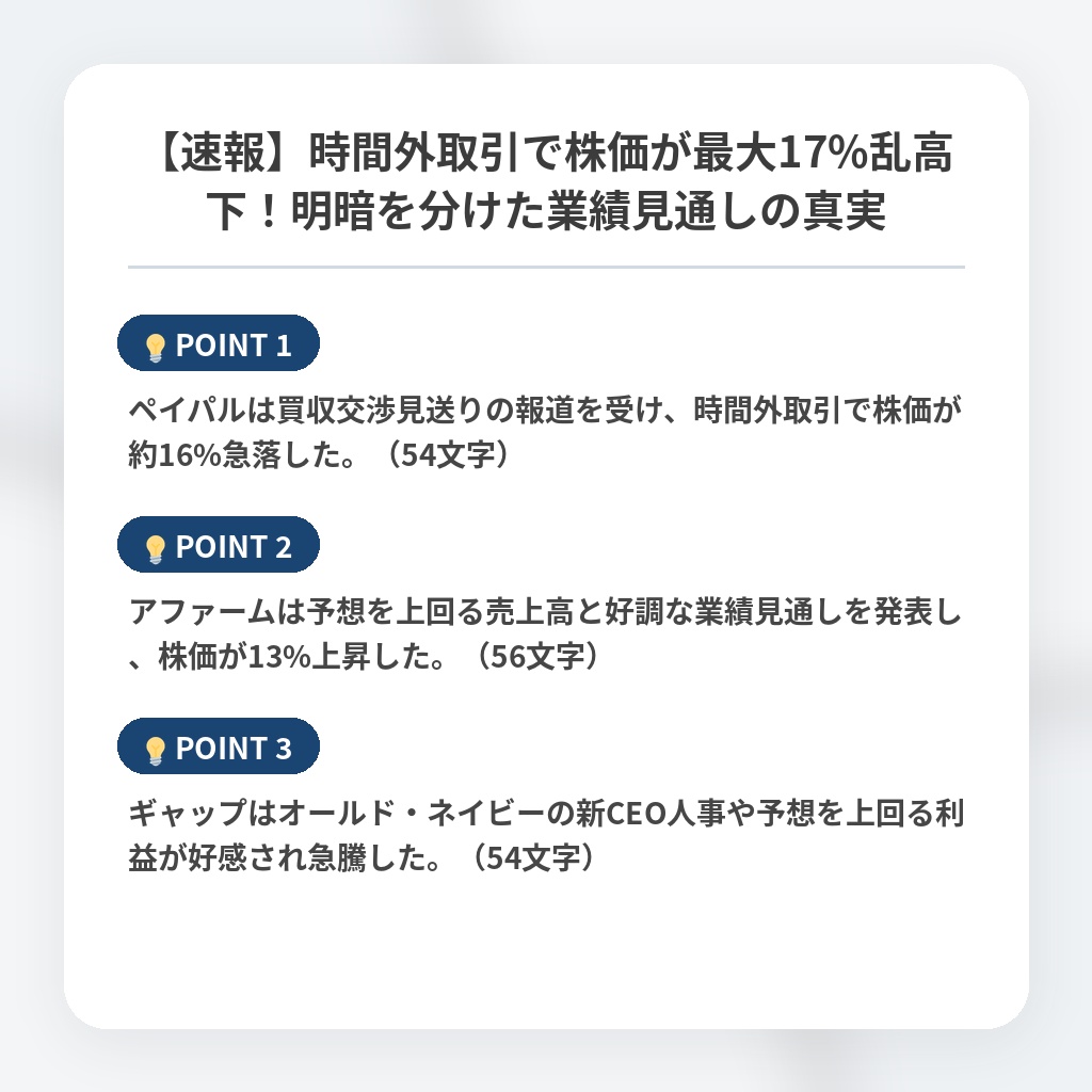 【速報】時間外取引で株価が最大17%乱高下！明暗を分けた業績見通しの真実の注目ポイントまとめ