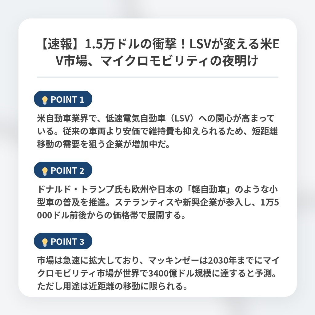 【速報】1.5万ドルの衝撃！LSVが変える米EV市場、マイクロモビリティの夜明けの注目ポイントまとめ