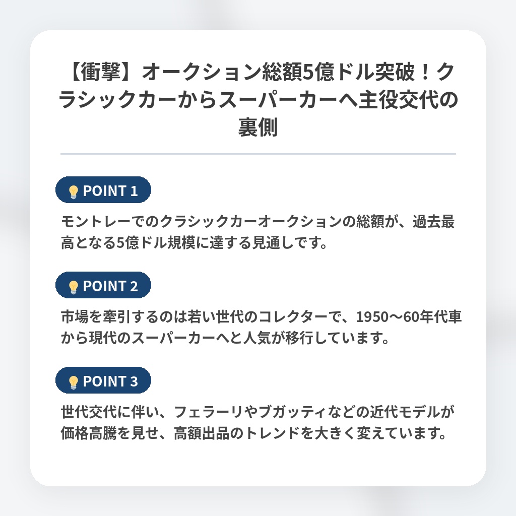 【衝撃】オークション総額5億ドル突破！クラシックカーからスーパーカーへ主役交代の裏側の注目ポイントまとめ