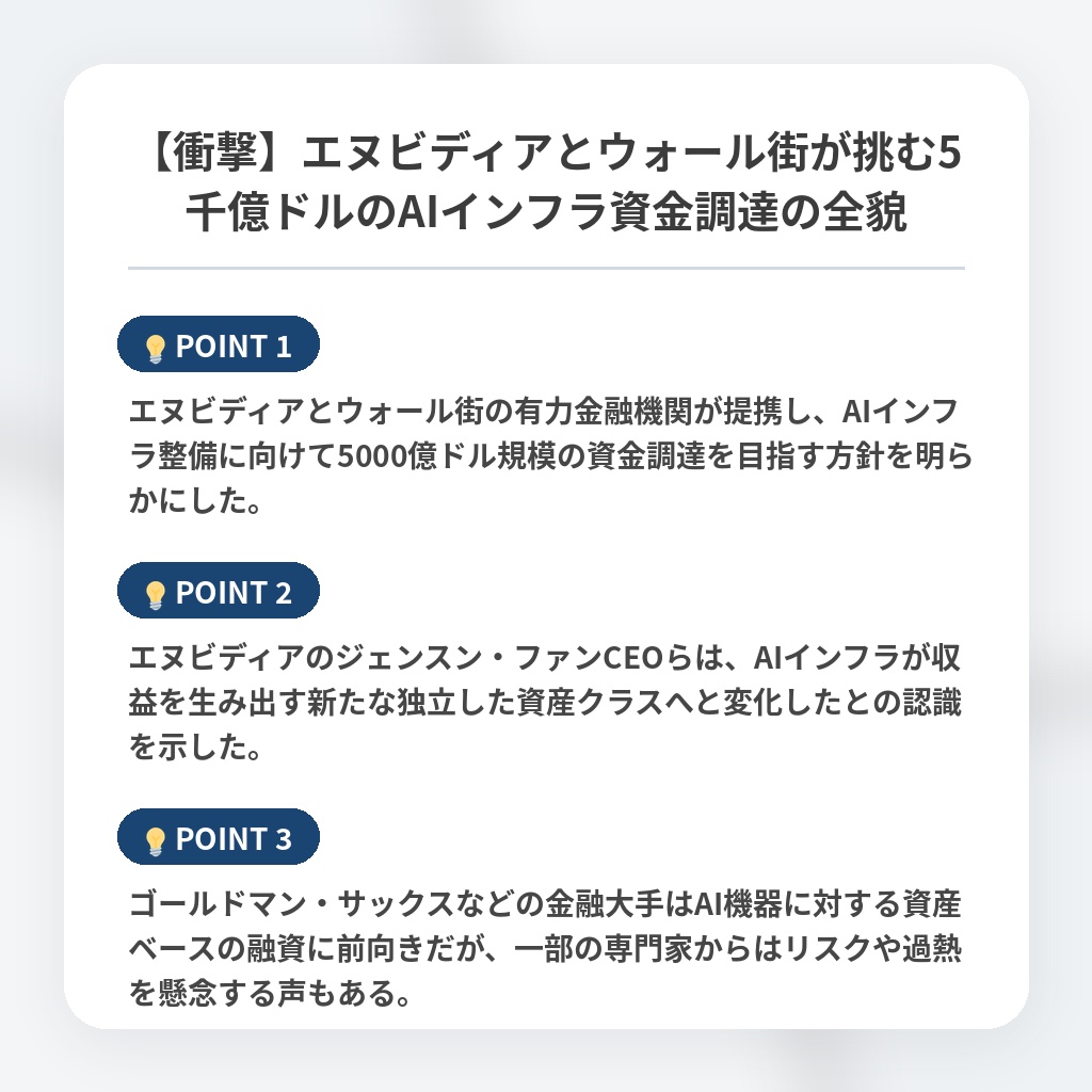 【衝撃】エヌビディアとウォール街が挑む5千億ドルのAIインフラ資金調達の全貌の注目ポイントまとめ