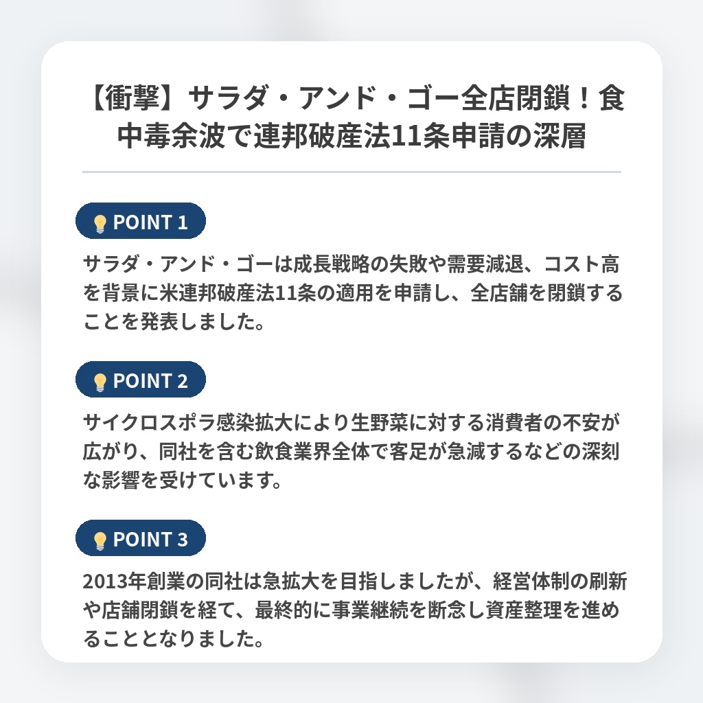【衝撃】サラダ・アンド・ゴー全店閉鎖！食中毒余波で連邦破産法11条申請の深層の注目ポイントまとめ