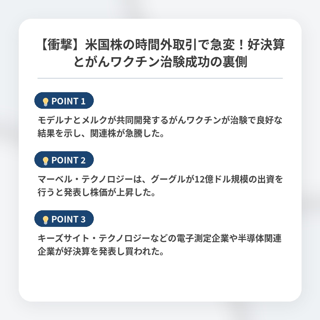 【衝撃】米国株の時間外取引で急変！好決算とがんワクチン治験成功の裏側の注目ポイントまとめ