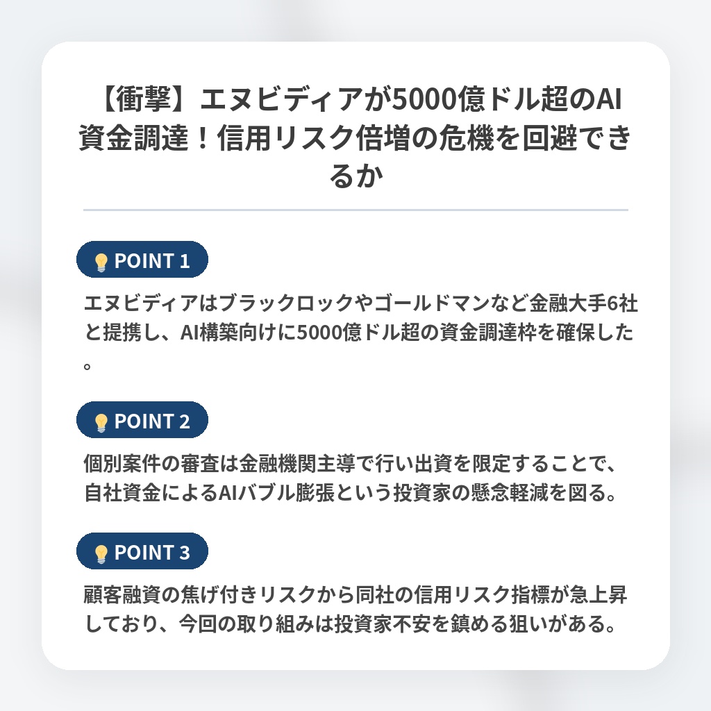 【衝撃】エヌビディアが5000億ドル超のAI資金調達！信用リスク倍増の危機を回避できるかの注目ポイントまとめ