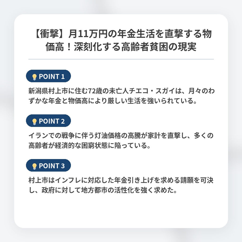 【衝撃】月11万円の年金生活を直撃する物価高！深刻化する高齢者貧困の現実の注目ポイントまとめ