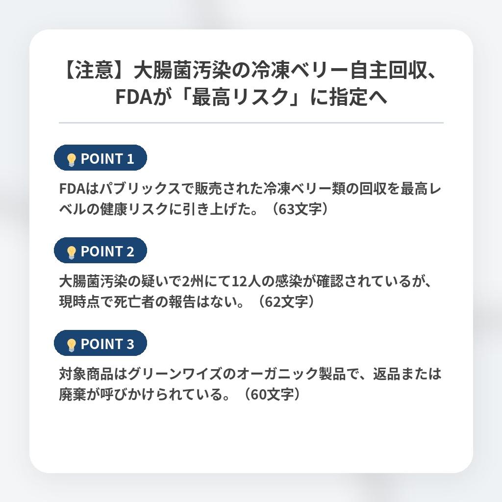【注意】大腸菌汚染の冷凍ベリー自主回収、FDAが「最高リスク」に指定への注目ポイントまとめ
