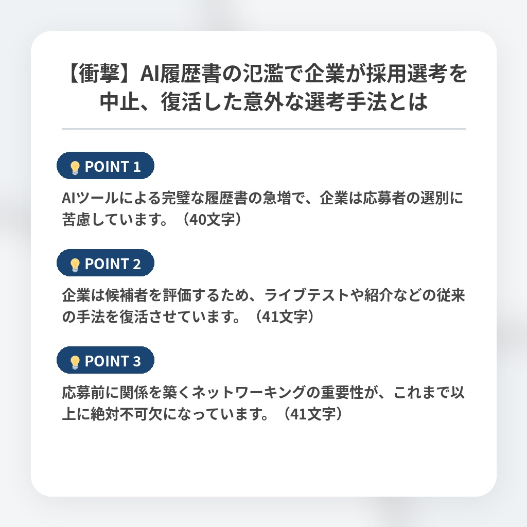 【衝撃】AI履歴書の氾濫で企業が採用選考を中止、復活した意外な選考手法とはの注目ポイントまとめ