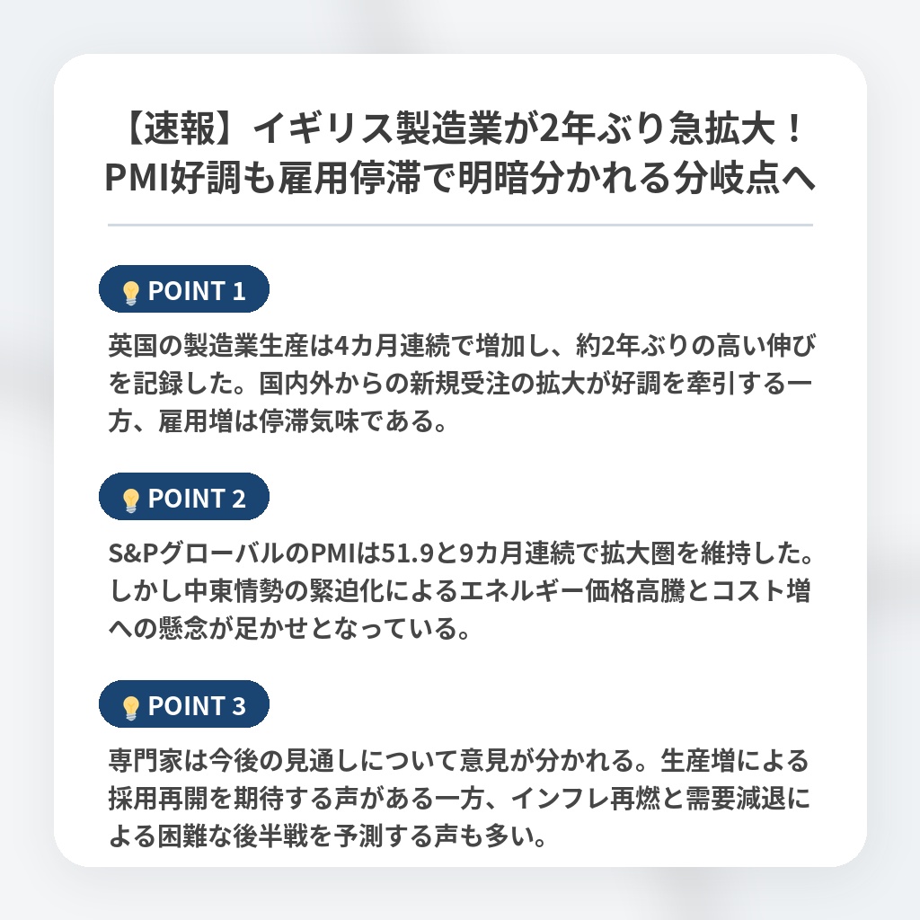 【速報】イギリス製造業が2年ぶり急拡大！PMI好調も雇用停滞で明暗分かれる分岐点への注目ポイントまとめ