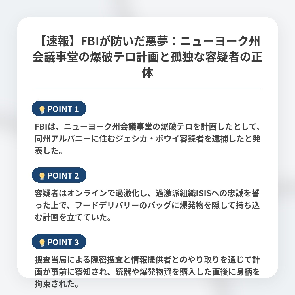 【速報】FBIが防いだ悪夢：ニューヨーク州会議事堂の爆破テロ計画と孤独な容疑者の正体の注目ポイントまとめ