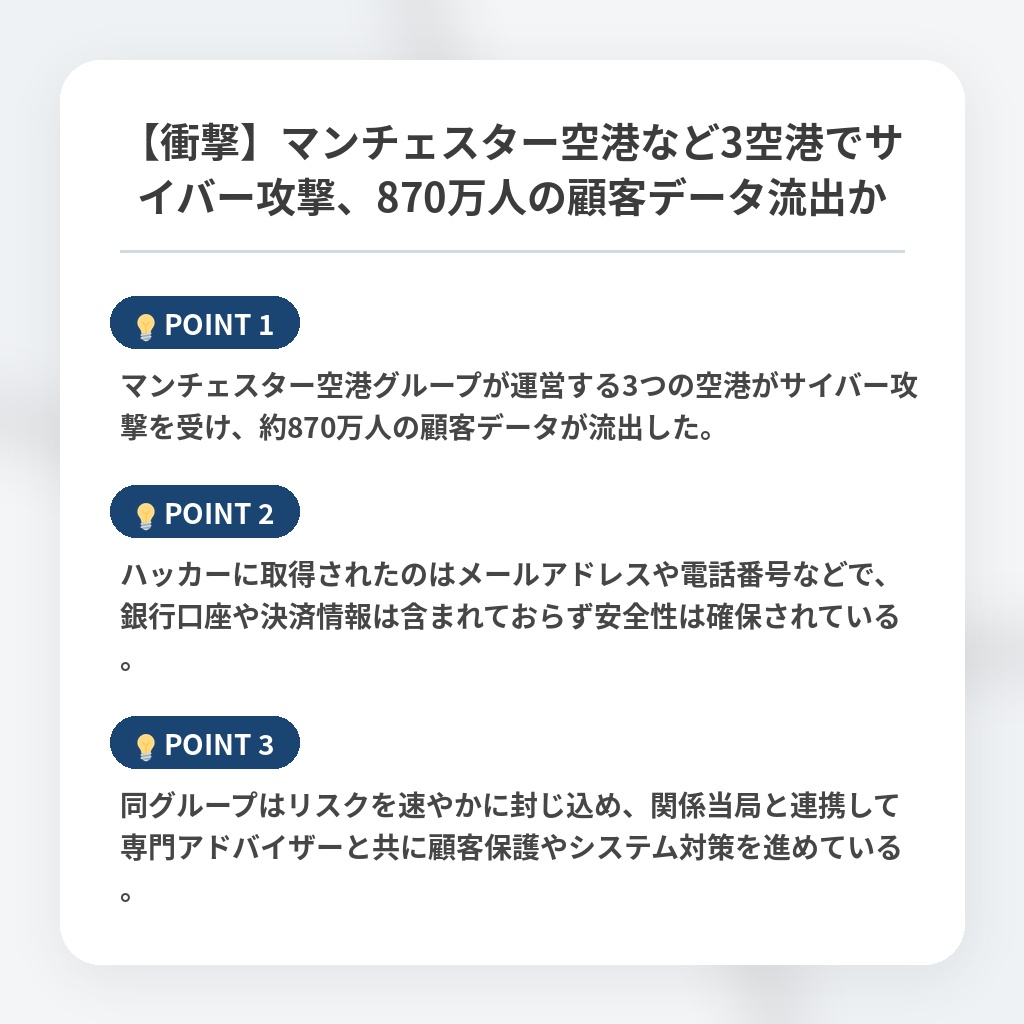【衝撃】マンチェスター空港など3空港でサイバー攻撃、870万人の顧客データ流出かの注目ポイントまとめ