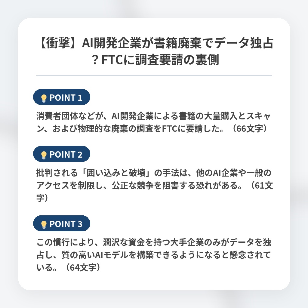 【衝撃】AI開発企業が書籍廃棄でデータ独占？FTCに調査要請の裏側の注目ポイントまとめ