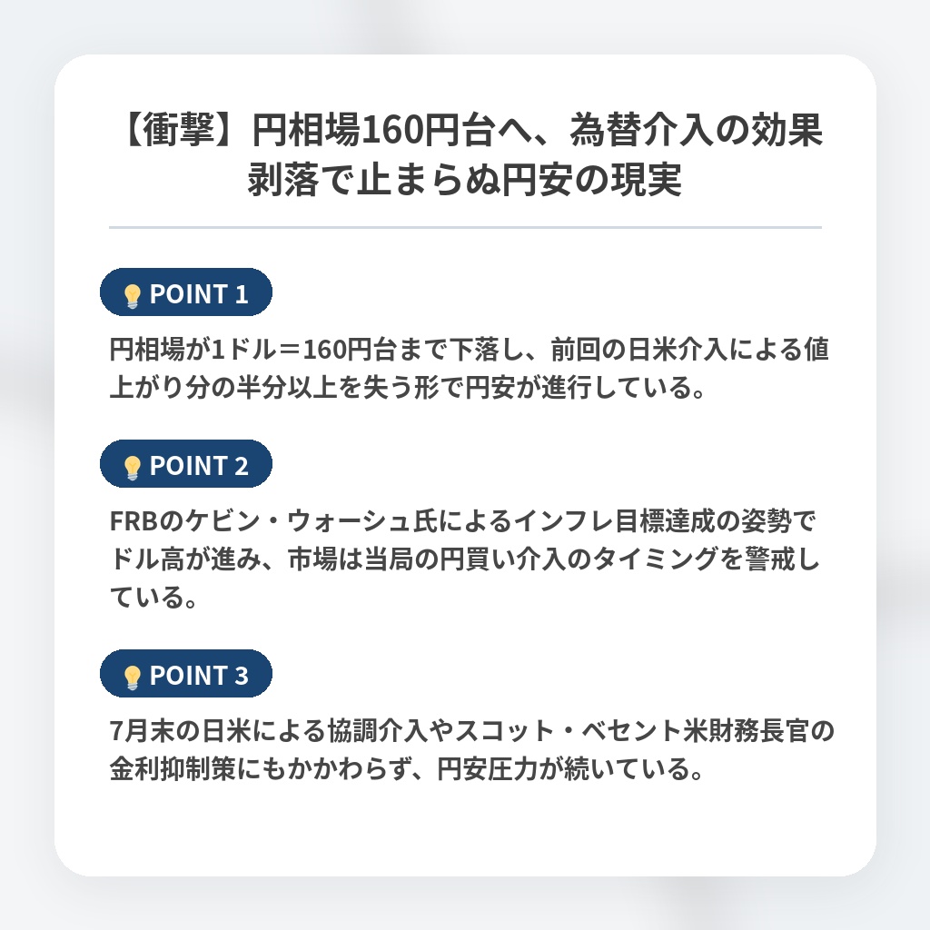 【衝撃】円相場160円台へ、為替介入の効果剥落で止まらぬ円安の現実の注目ポイントまとめ