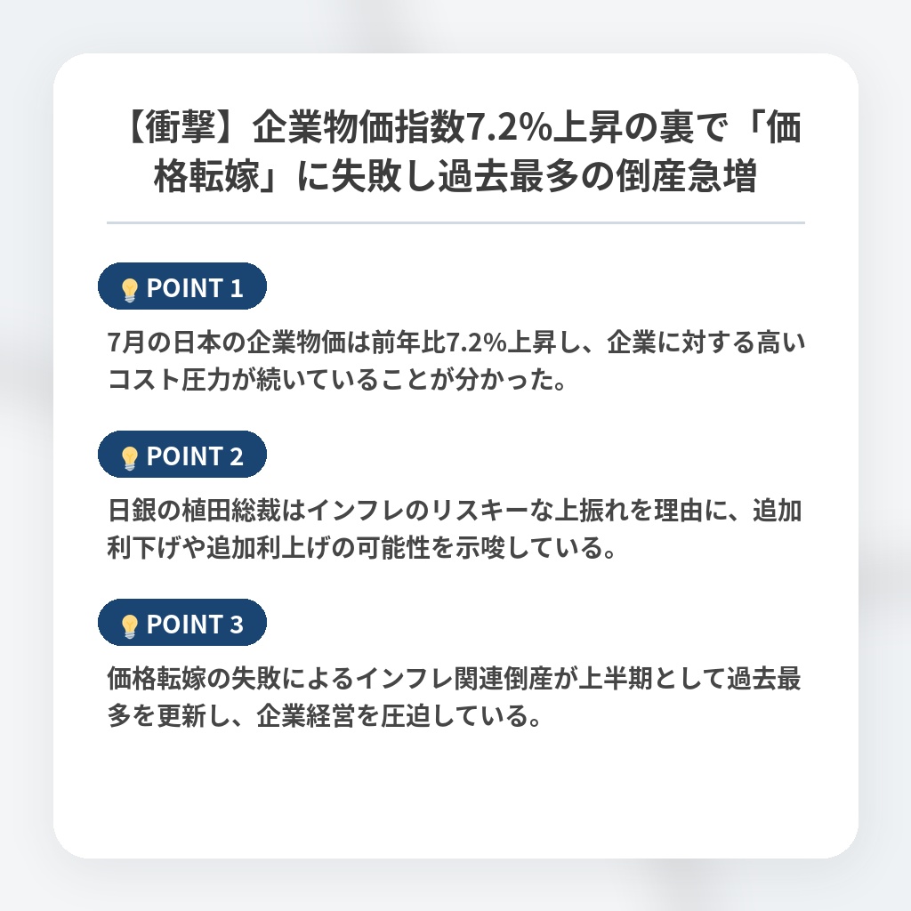 【衝撃】企業物価指数7.2%上昇の裏で「価格転嫁」に失敗し過去最多の倒産急増の注目ポイントまとめ