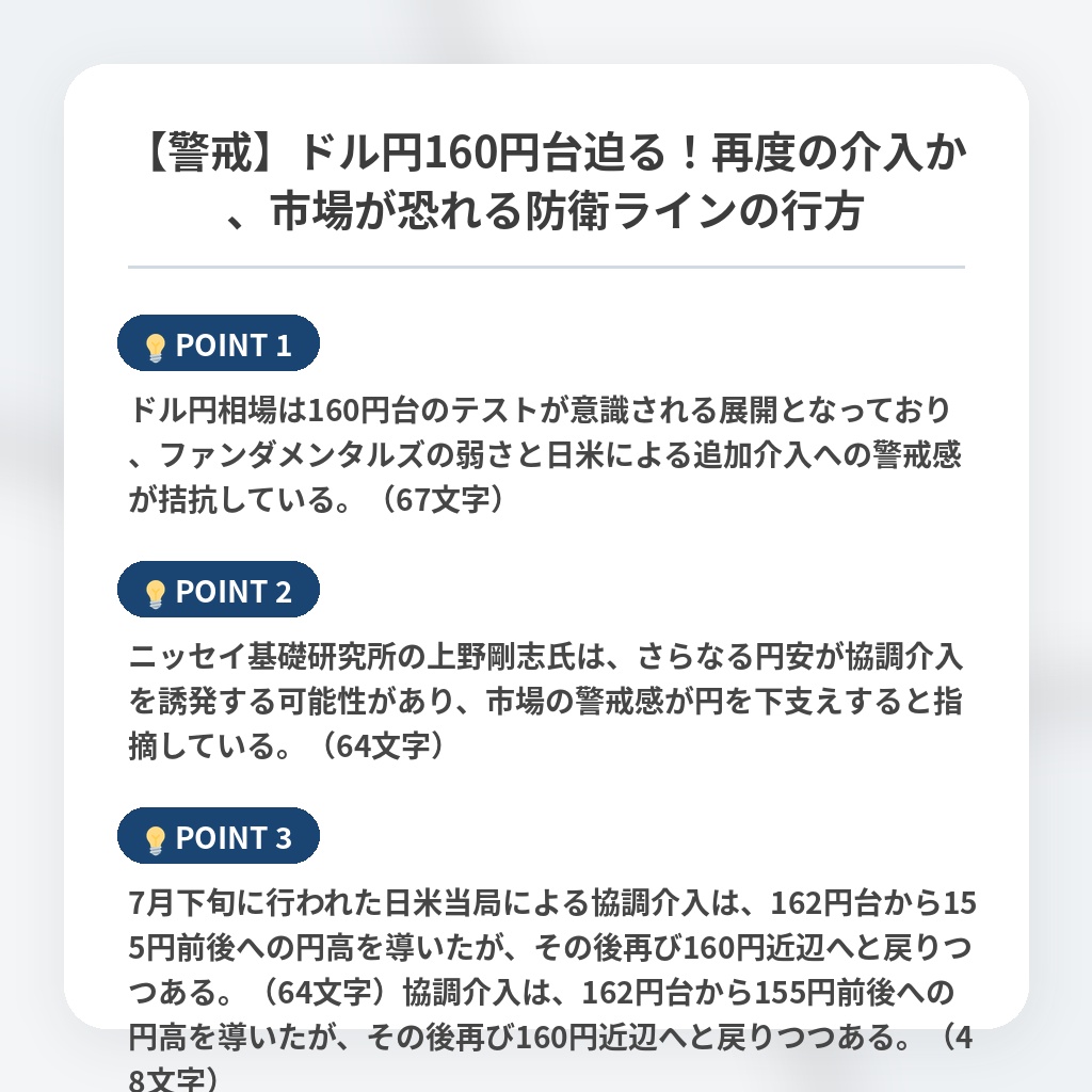 【警戒】ドル円160円台迫る！再度の介入か、市場が恐れる防衛ラインの行方の注目ポイントまとめ