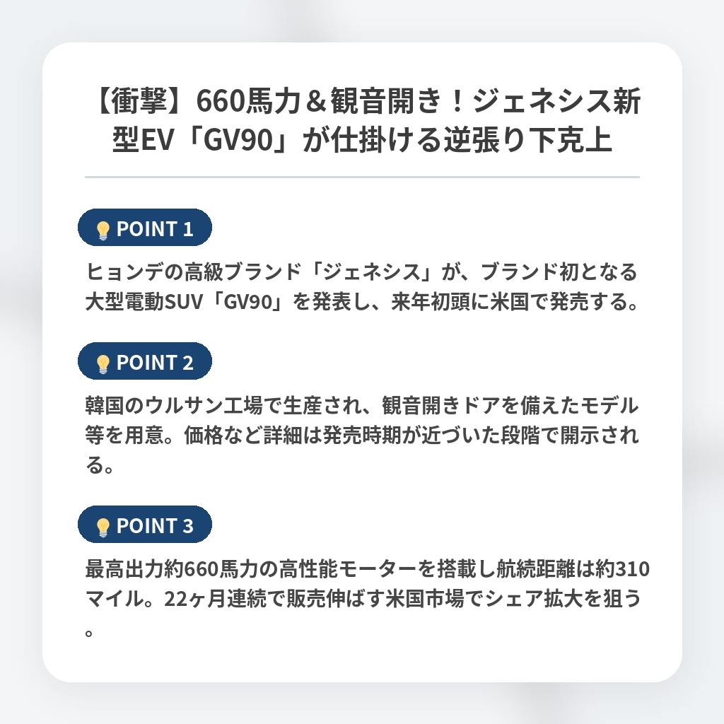 【衝撃】660馬力＆観音開き！ジェネシス新型EV「GV90」が仕掛ける逆張り下克上の注目ポイントまとめ