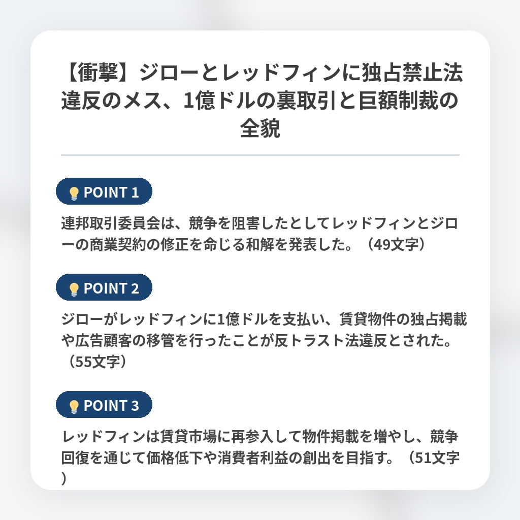 【衝撃】ジローとレッドフィンに独占禁止法違反のメス、1億ドルの裏取引と巨額制裁の全貌の注目ポイントまとめ