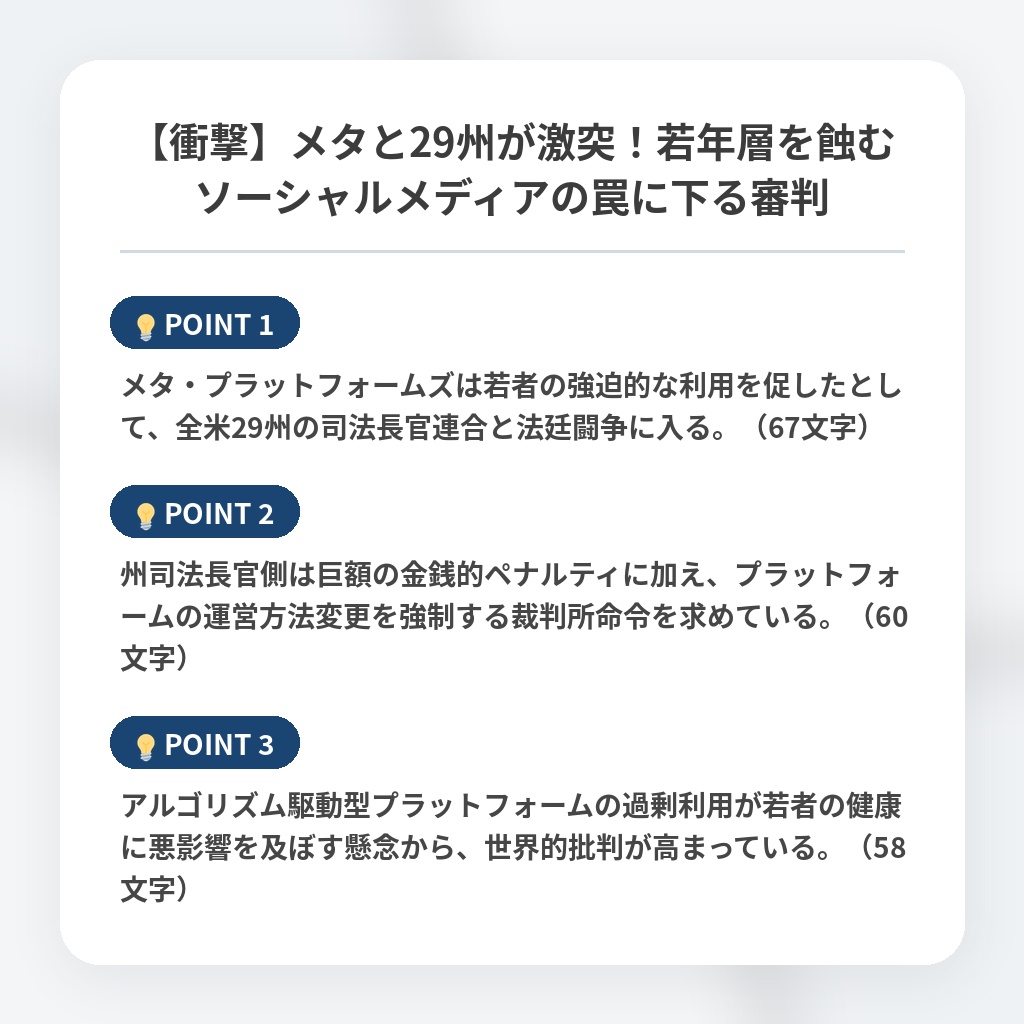 【衝撃】メタと29州が激突！若年層を蝕むソーシャルメディアの罠に下る審判の注目ポイントまとめ