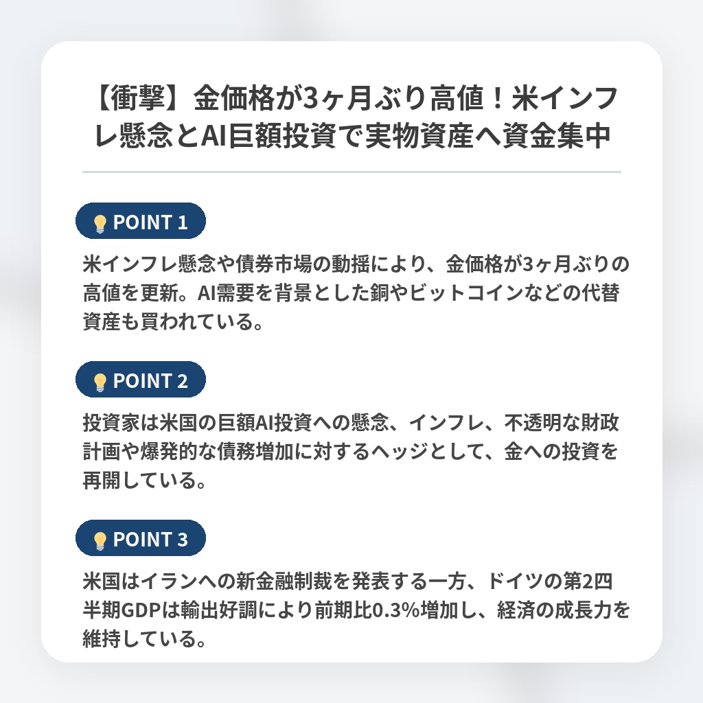 【衝撃】金価格が3ヶ月ぶり高値！米インフレ懸念とAI巨額投資で実物資産へ資金集中の注目ポイントまとめ