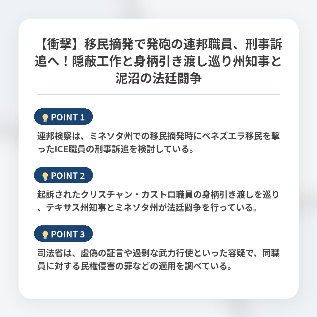【衝撃】移民摘発で発砲の連邦職員、刑事訴追へ!隠蔽工作と身柄引き渡し巡り州知事と泥沼の法廷闘争の注目ポイントまとめ