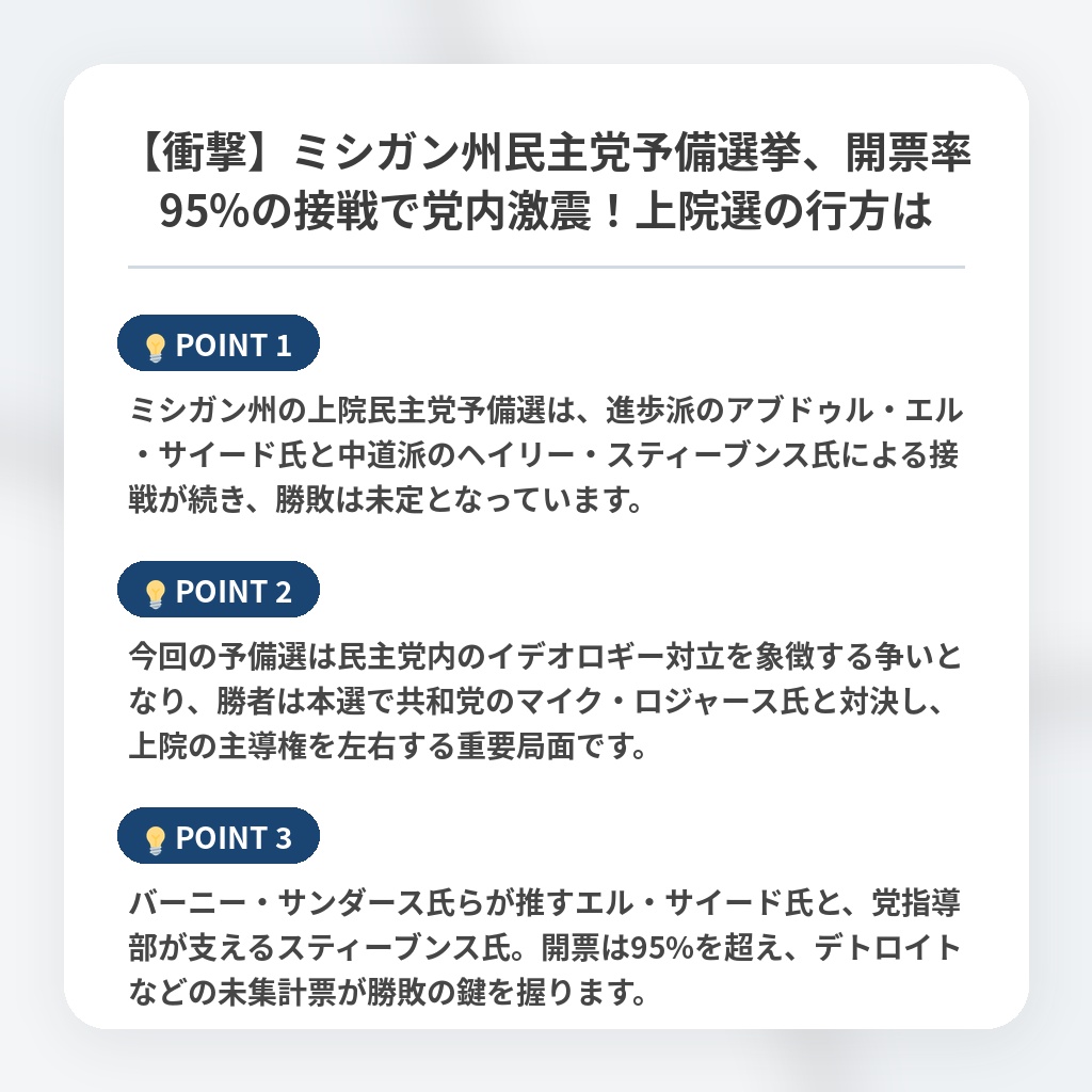 【衝撃】ミシガン州民主党予備選挙、開票率95%の接戦で党内激震！上院選の行方はの注目ポイントまとめ