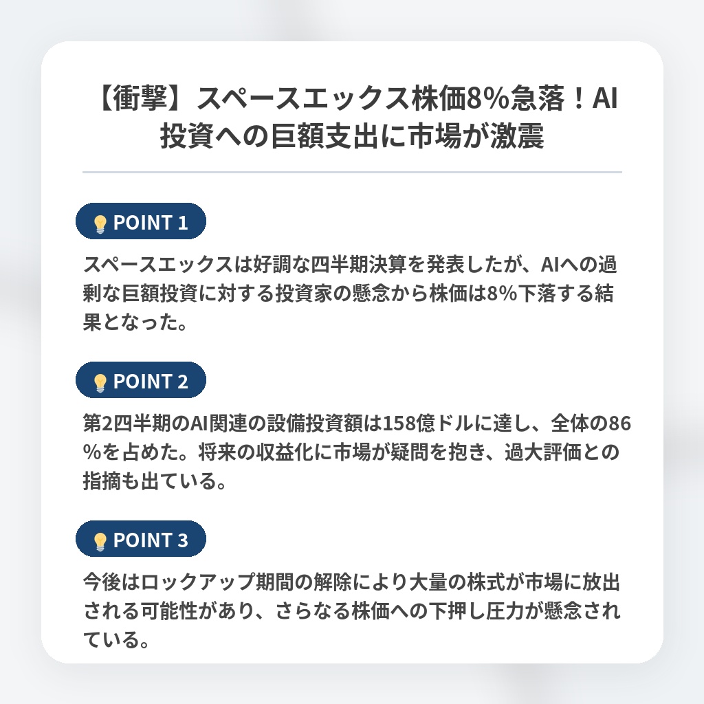 【衝撃】スペースエックス株価8％急落！AI投資への巨額支出に市場が激震の注目ポイントまとめ