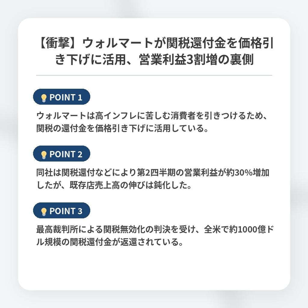 【衝撃】ウォルマートが関税還付金を価格引き下げに活用、営業利益3割増の裏側の注目ポイントまとめ
