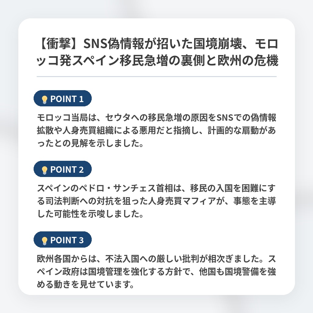 【衝撃】SNS偽情報が招いた国境崩壊、モロッコ発スペイン移民急増の裏側と欧州の危機の注目ポイントまとめ