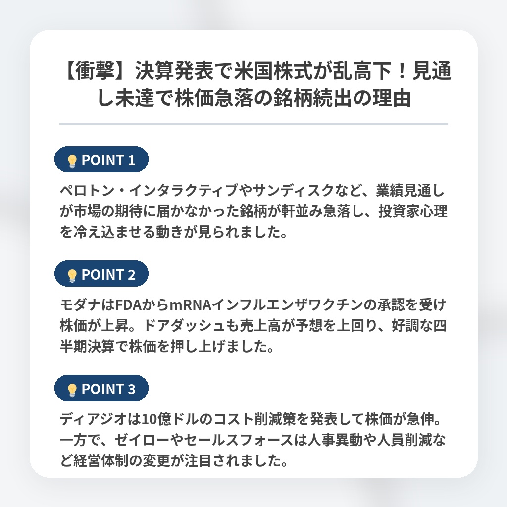 【衝撃】決算発表で米国株式が乱高下！見通し未達で株価急落の銘柄続出の理由の注目ポイントまとめ
