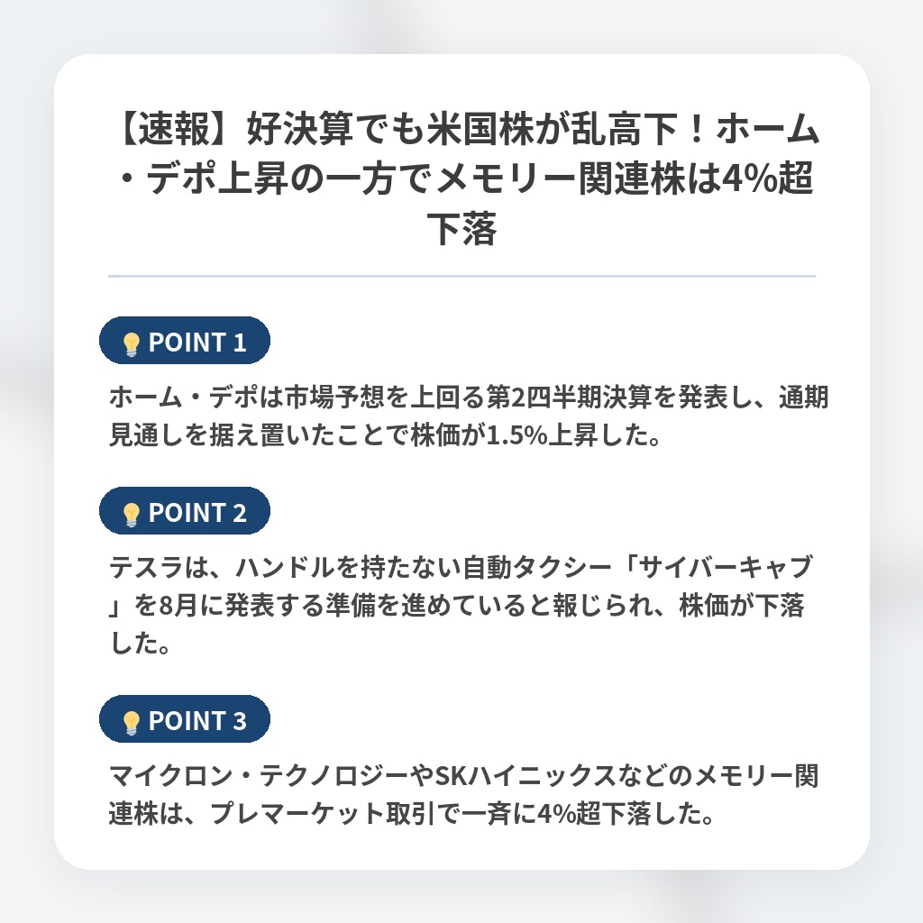 【速報】好決算でも米国株が乱高下！ホーム・デポ上昇の一方でメモリー関連株は4%超下落の注目ポイントまとめ