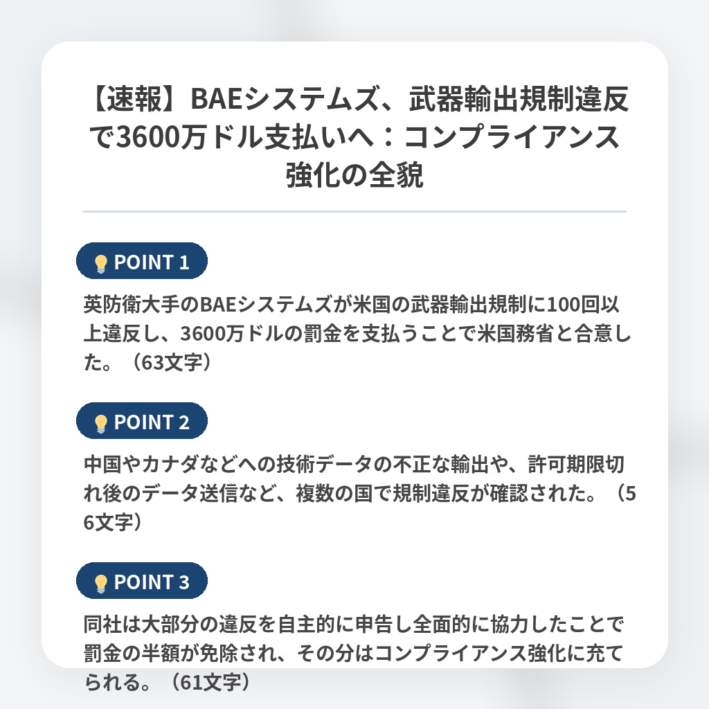 【速報】BAEシステムズ、武器輸出規制違反で3600万ドル支払いへ：コンプライアンス強化の全貌の注目ポイントまとめ