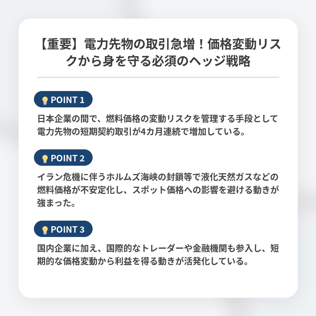 【重要】電力先物の取引急増！価格変動リスクから身を守る必須のヘッジ戦略の注目ポイントまとめ