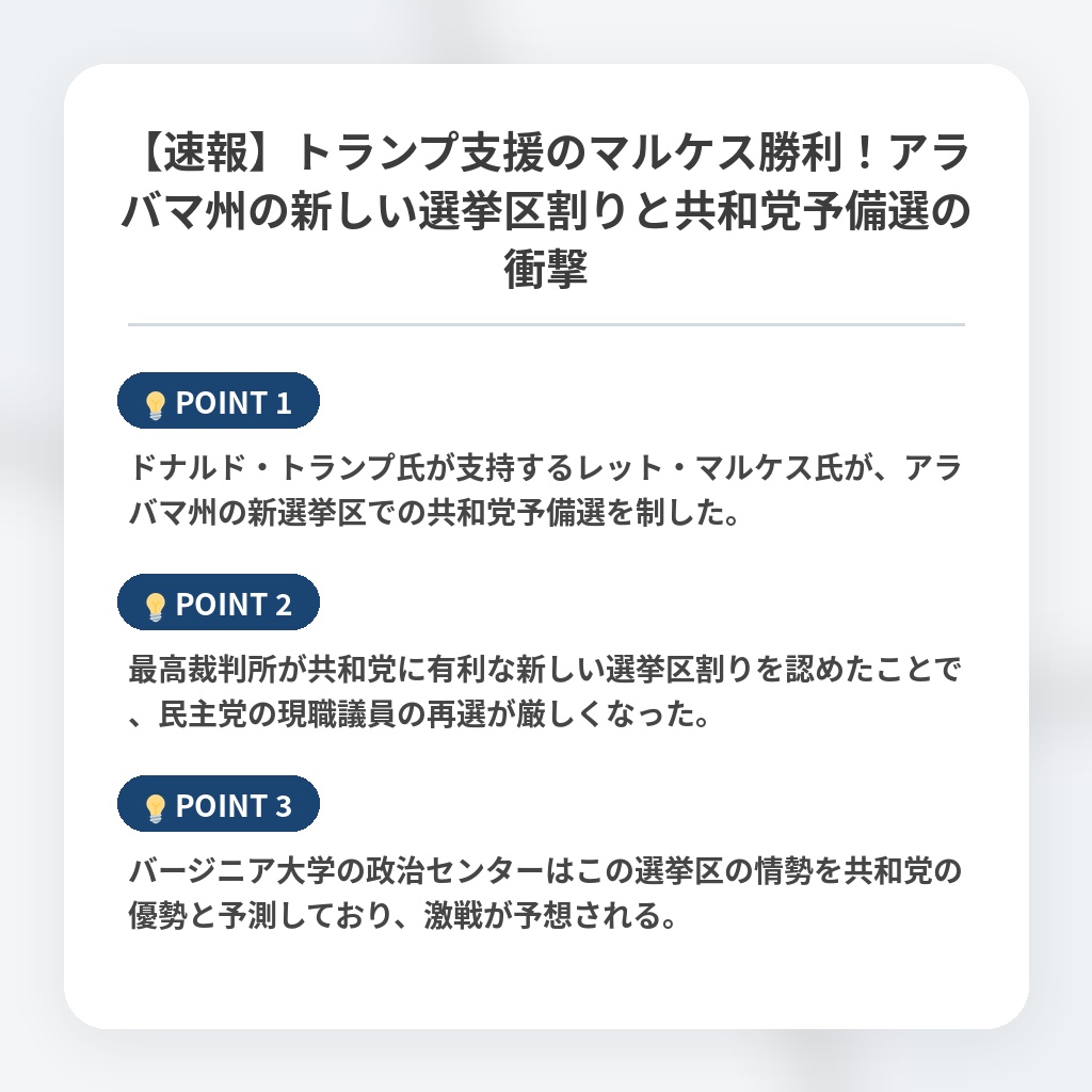 【速報】トランプ支援のマルケス勝利！アラバマ州の新しい選挙区割りと共和党予備選の衝撃の注目ポイントまとめ