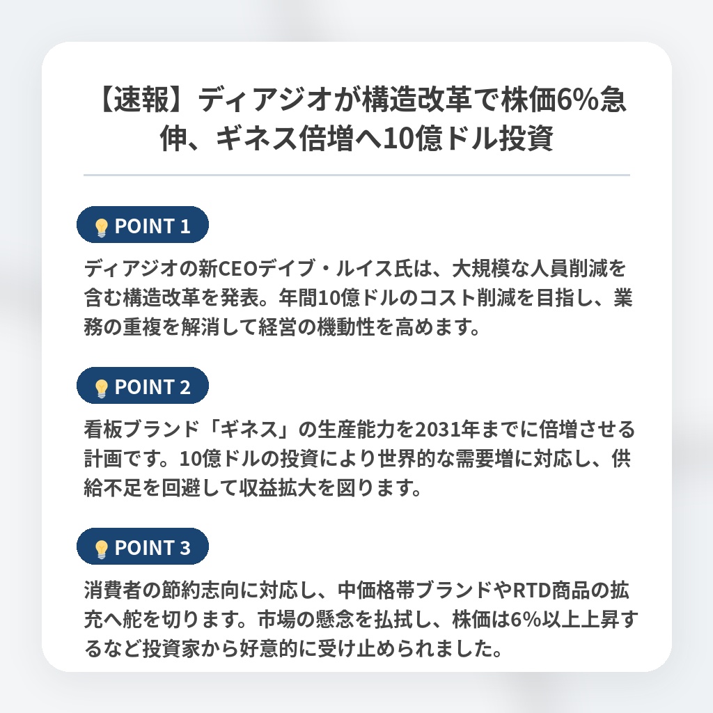 【速報】ディアジオが構造改革で株価6%急伸、ギネス倍増へ10億ドル投資の注目ポイントまとめ