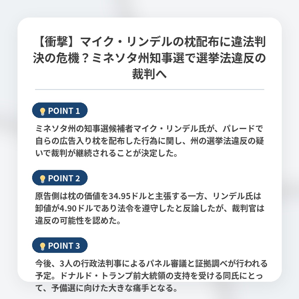 【衝撃】マイク・リンデルの枕配布に違法判決の危機?ミネソタ州知事選で選挙法違反の裁判への注目ポイントまとめ