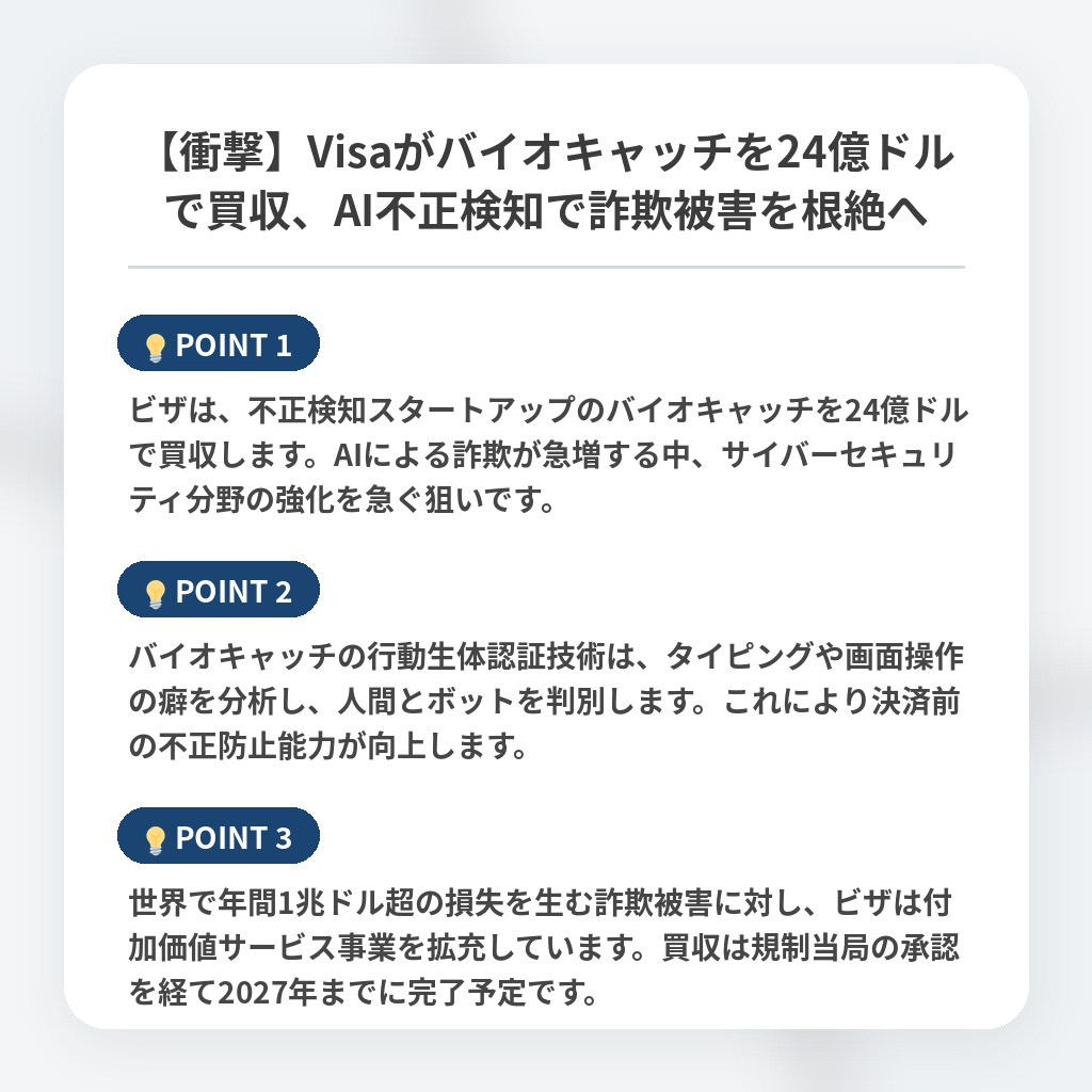 【衝撃】Visaがバイオキャッチを24億ドルで買収、AI不正検知で詐欺被害を根絶への注目ポイントまとめ