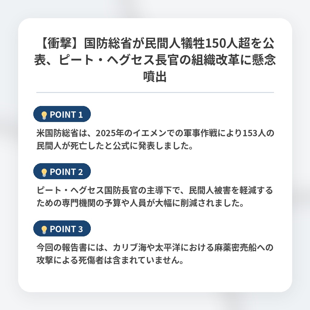 【衝撃】国防総省が民間人犠牲150人超を公表、ピート・ヘグセス長官の組織改革に懸念噴出の注目ポイントまとめ