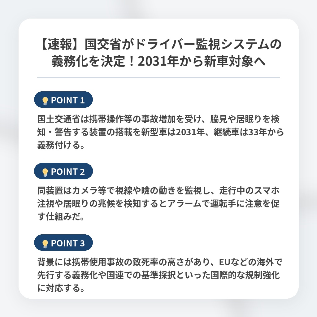 【速報】国交省がドライバー監視システムの義務化を決定！2031年から新車対象への注目ポイントまとめ