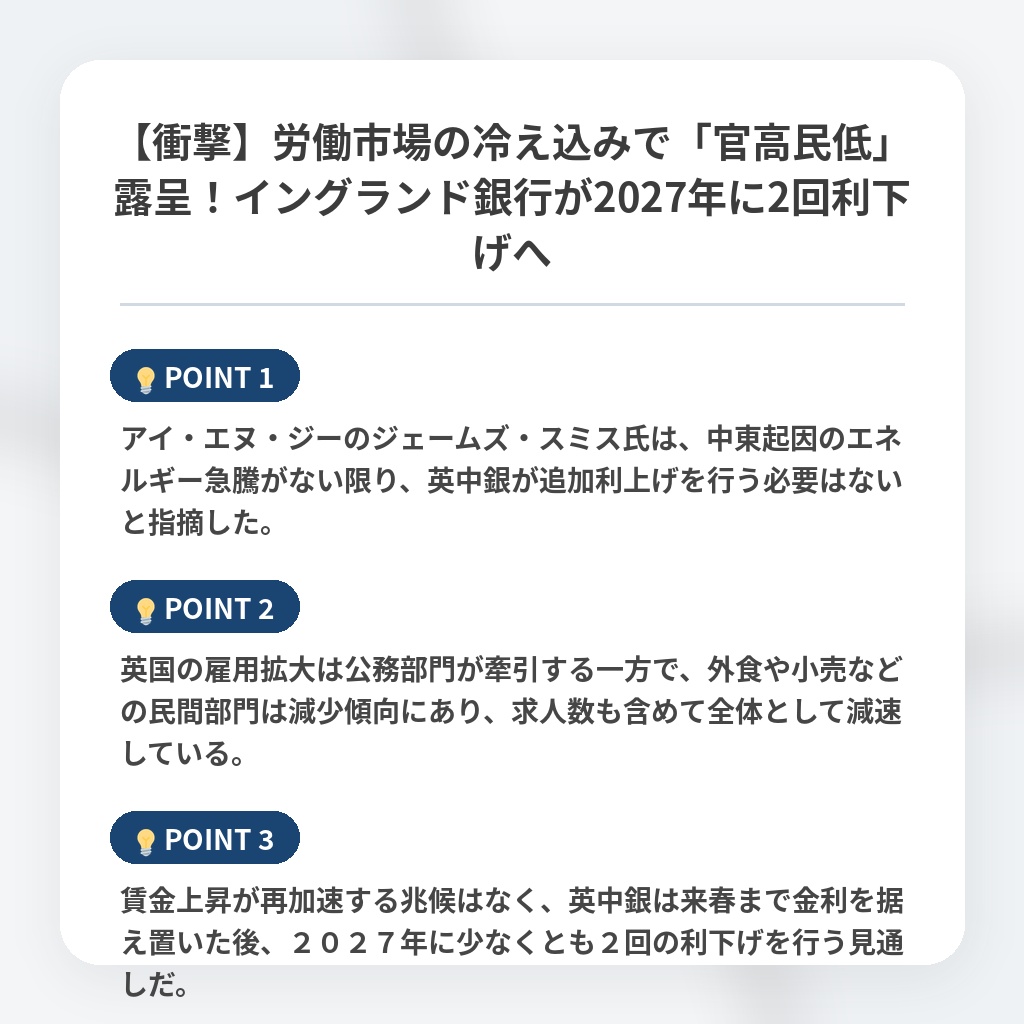 【衝撃】労働市場の冷え込みで「官高民低」露呈！イングランド銀行が2027年に2回利下げへの注目ポイントまとめ