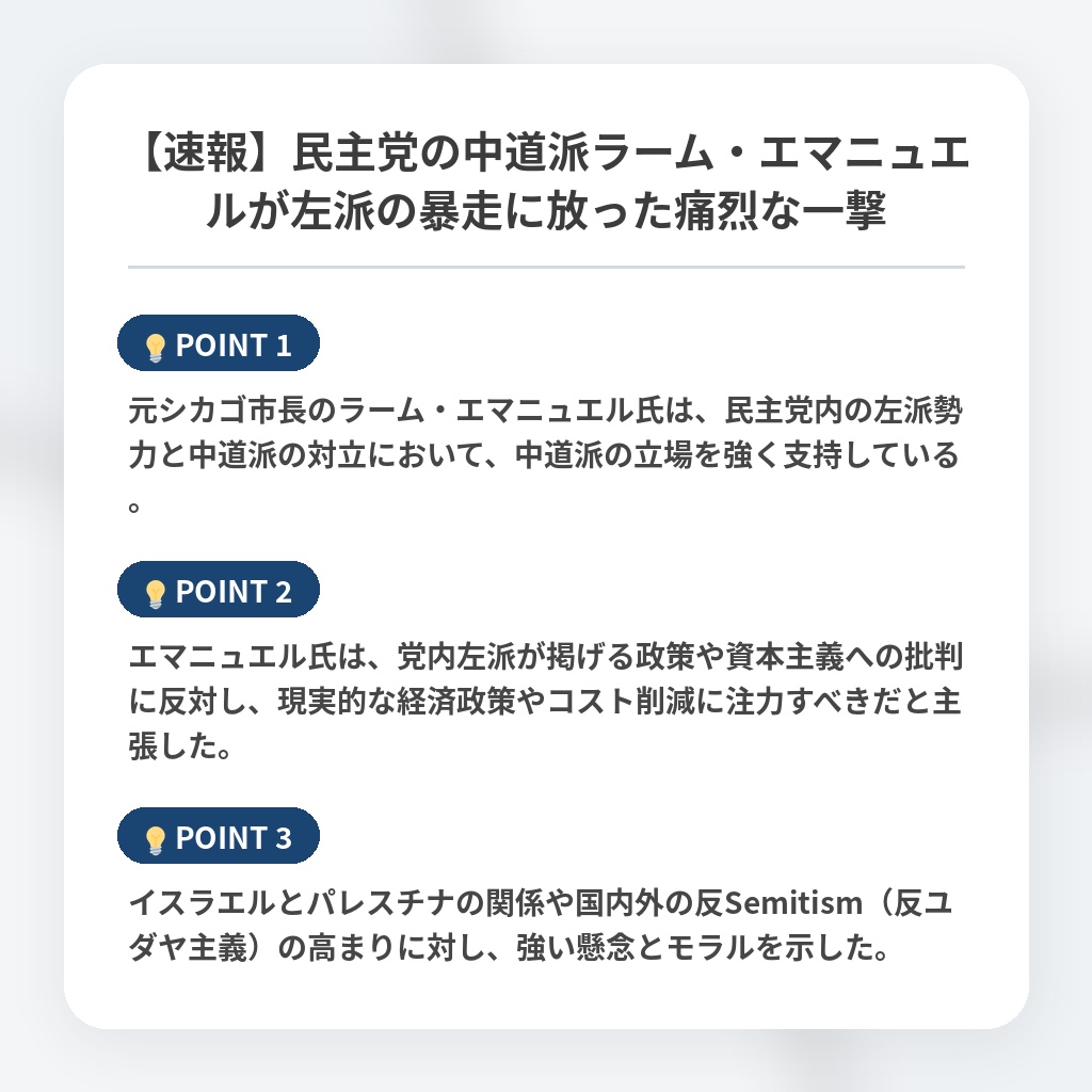 【速報】民主党の中道派ラーム・エマニュエルが左派の暴走に放った痛烈な一撃の注目ポイントまとめ
