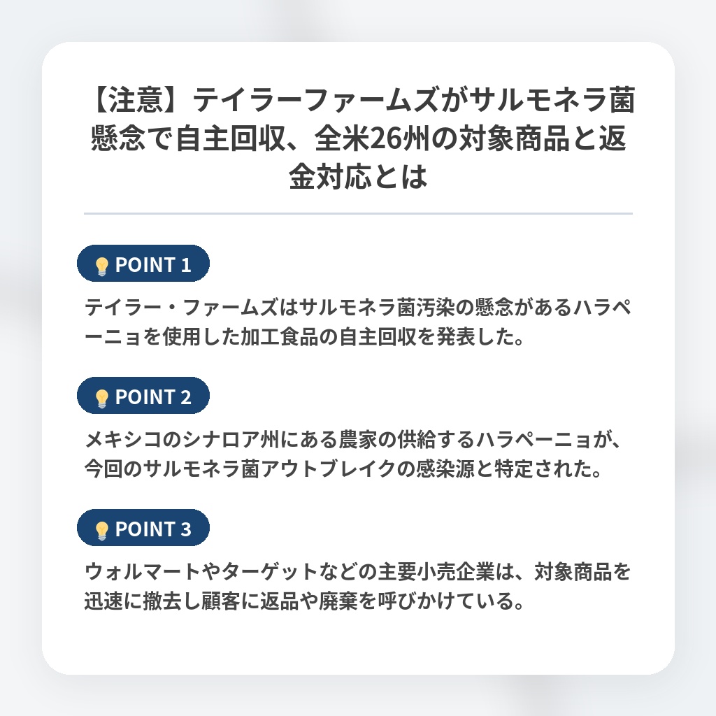 【注意】テイラーファームズがサルモネラ菌懸念で自主回収、全米26州の対象商品と返金対応とはの注目ポイントまとめ