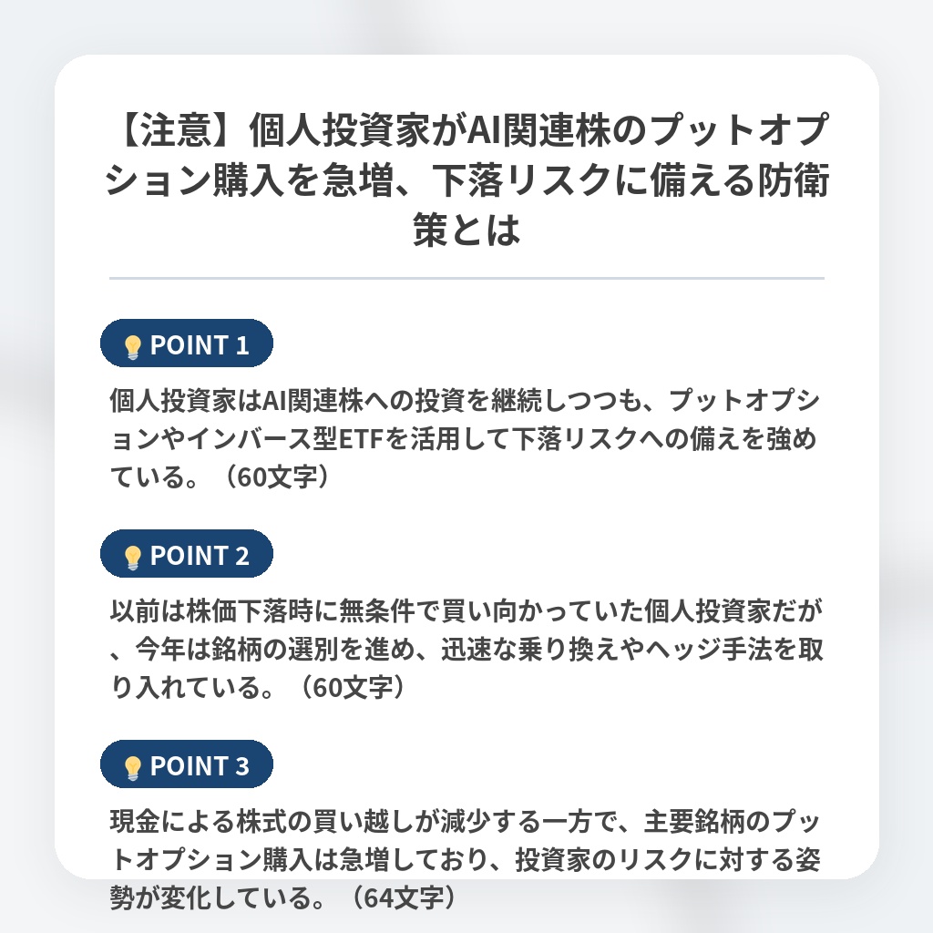 【注意】個人投資家がAI関連株のプットオプション購入を急増、下落リスクに備える防衛策とはの注目ポイントまとめ