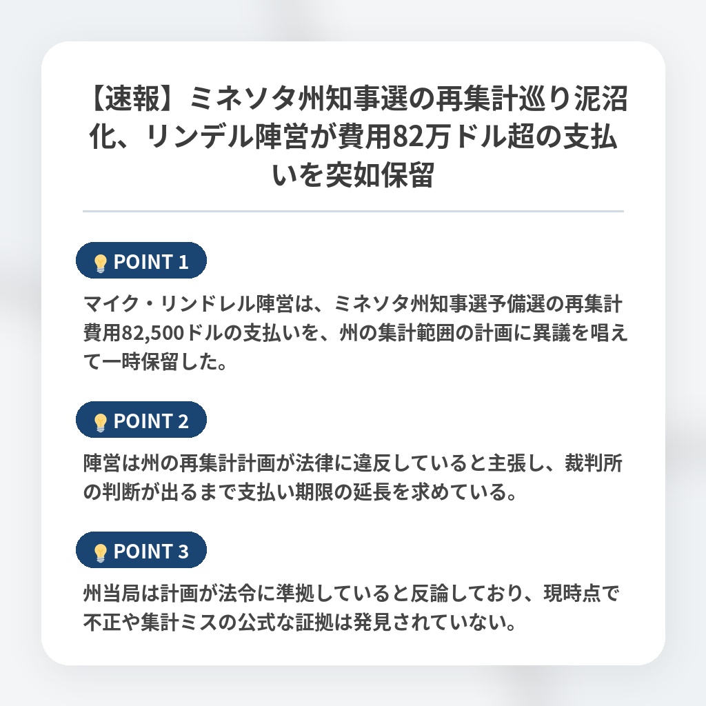 【速報】ミネソタ州知事選の再集計巡り泥沼化、リンデル陣営が費用82万ドル超の支払いを突如保留の注目ポイントまとめ